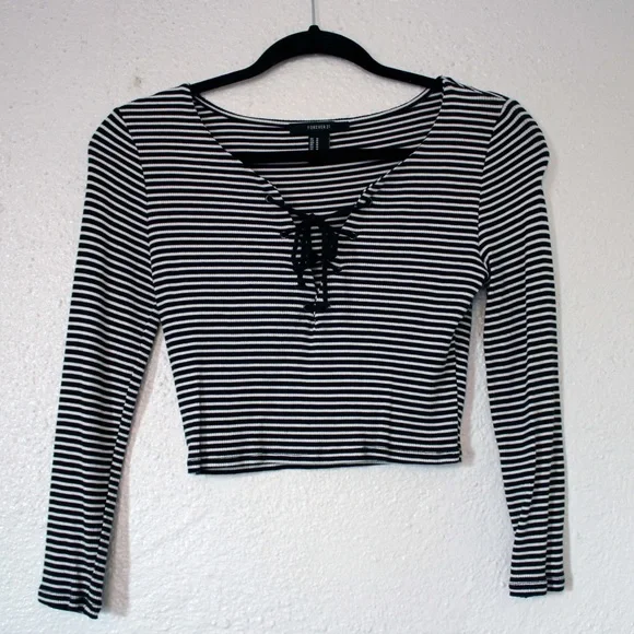 Clothing Forever 21 Striped Tie Front Crop Top Forever 21 Women's